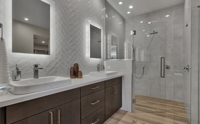 white herringbone bathroom backsplash tile