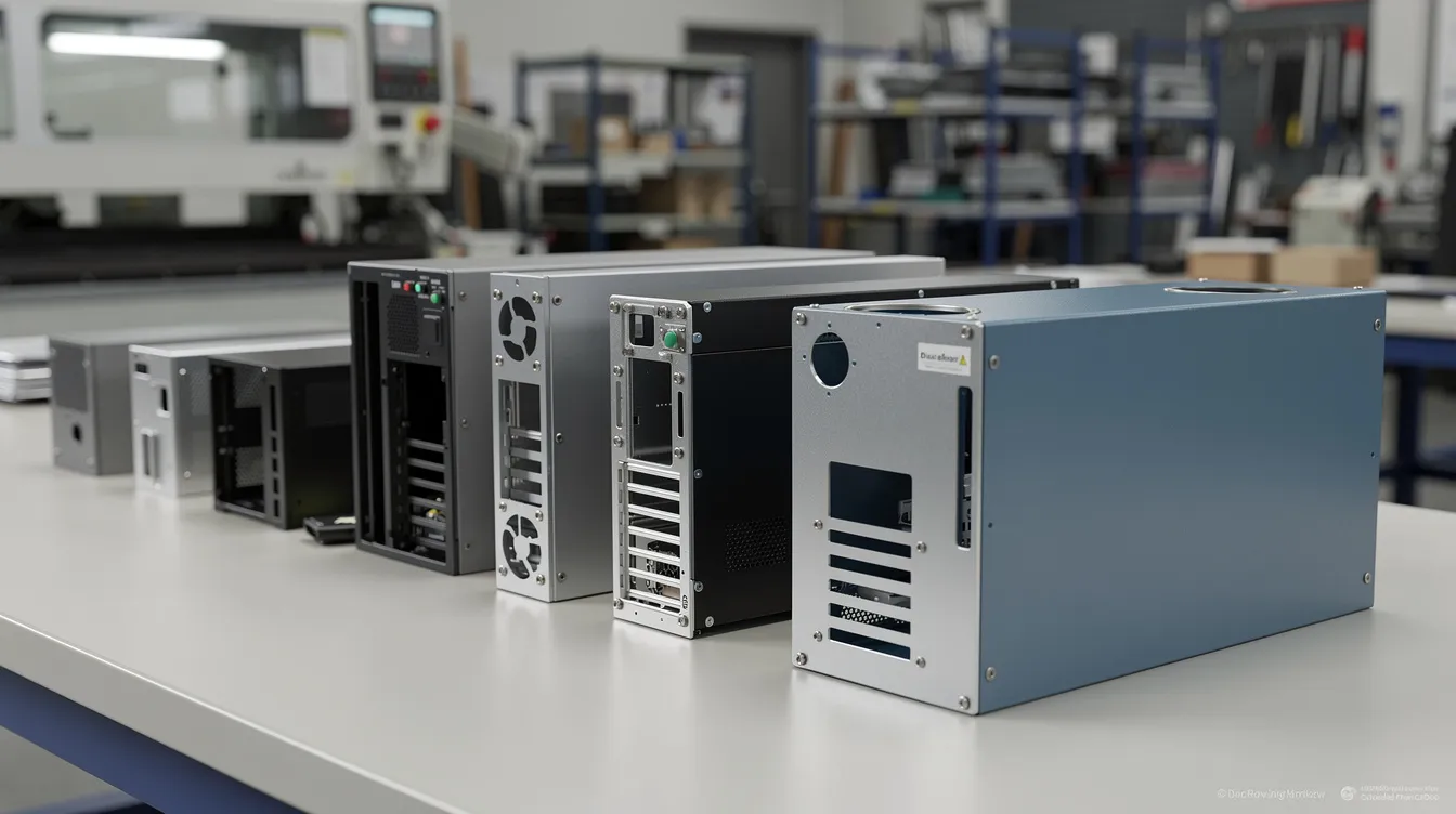 The image depicts a variety of precision sheet metal enclosures and chassis in different finishes, including anodized aluminum and powder-coated steel, arranged neatly on a factory inspection table, showcasing the quality control and advanced sheet metal fabrication capabilities of the facility. These custom metal parts highlight the precision and attention to detail inherent in the sheet metal fabrication process.