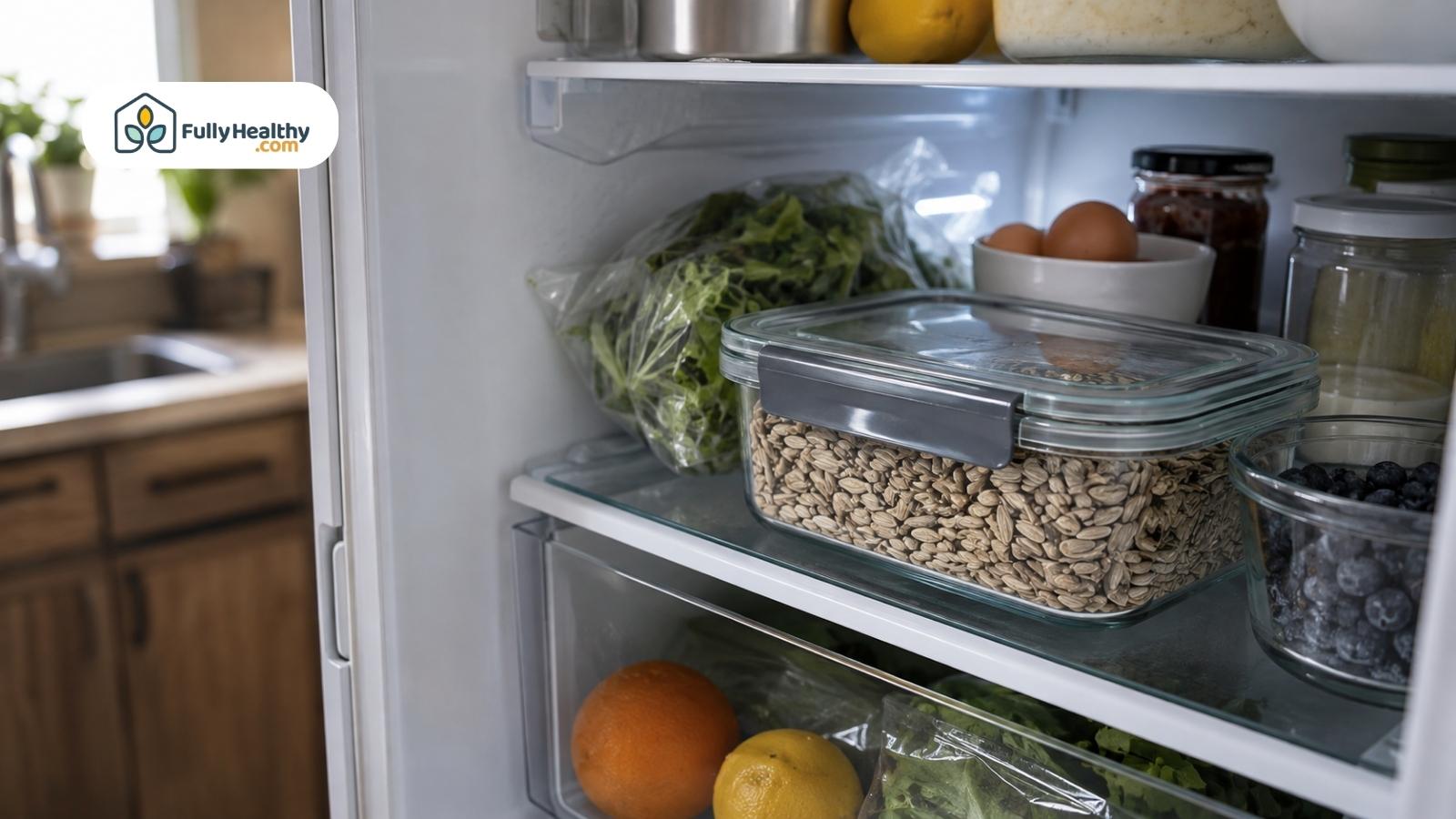 Sunflower seeds stored in sealed container inside refrigerator with fresh foods