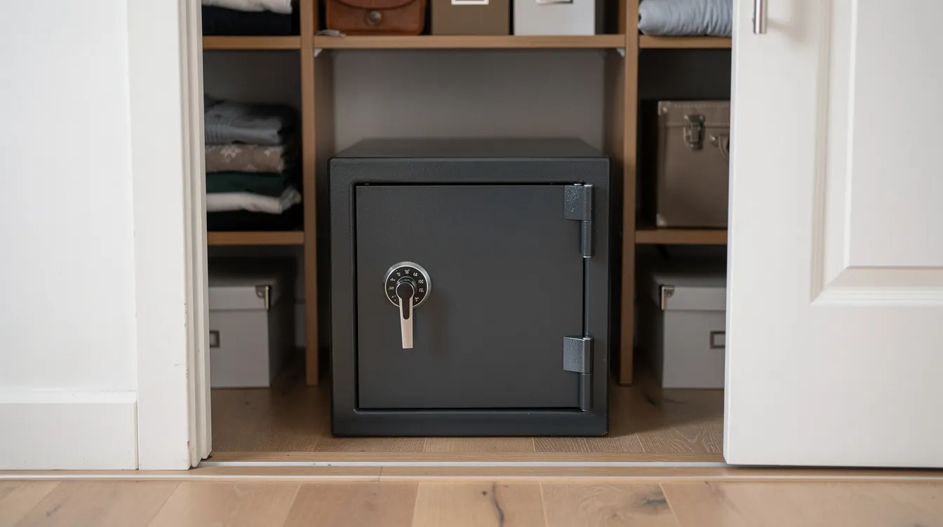 The image shows a locked firearm safe positioned in a home closet, emphasizing gun safety and secure storage in accordance with Rhode Island gun laws. The safe is designed to prevent unauthorized access, aligning with state and federal laws regarding firearm possession and safety.