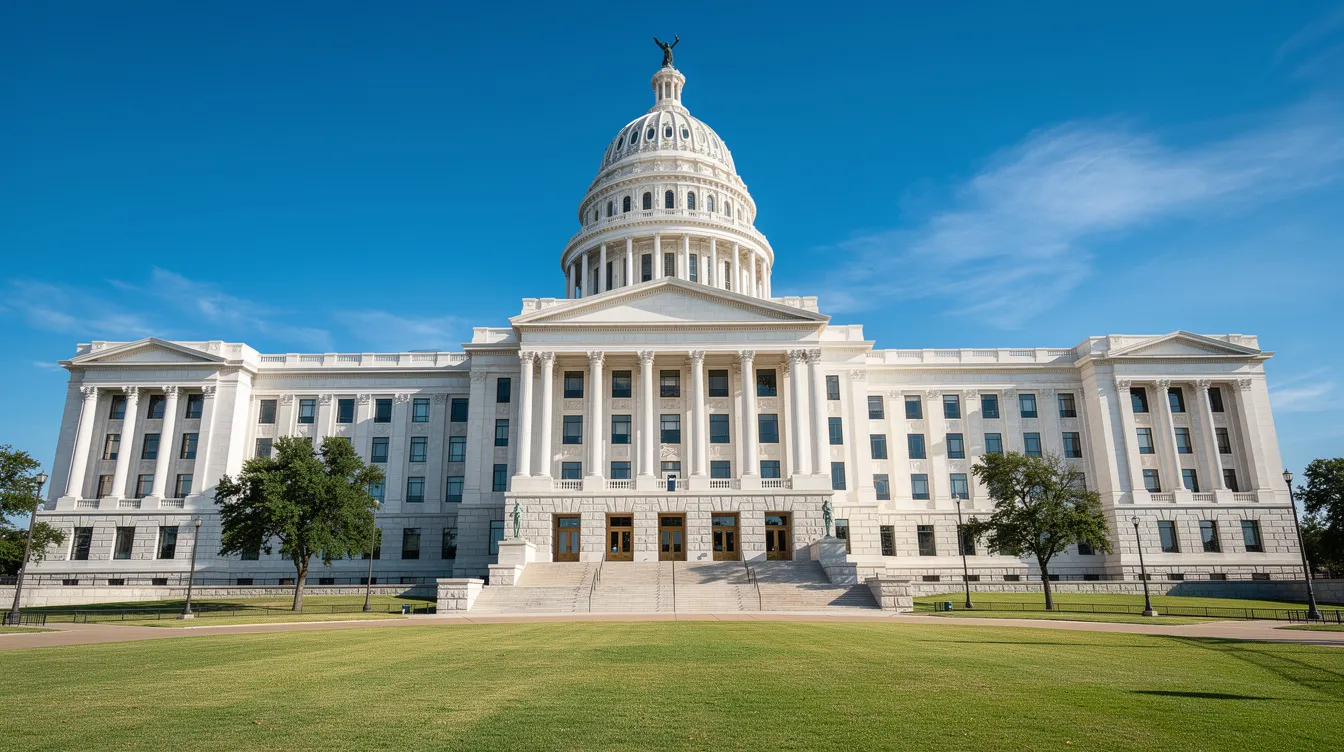 The image depicts the Oklahoma state capitol building with its distinctive dome and columns, set against a clear blue sky. This iconic structure represents Oklahoma law and governance, including topics such as the Oklahoma self-defense act and gun laws.