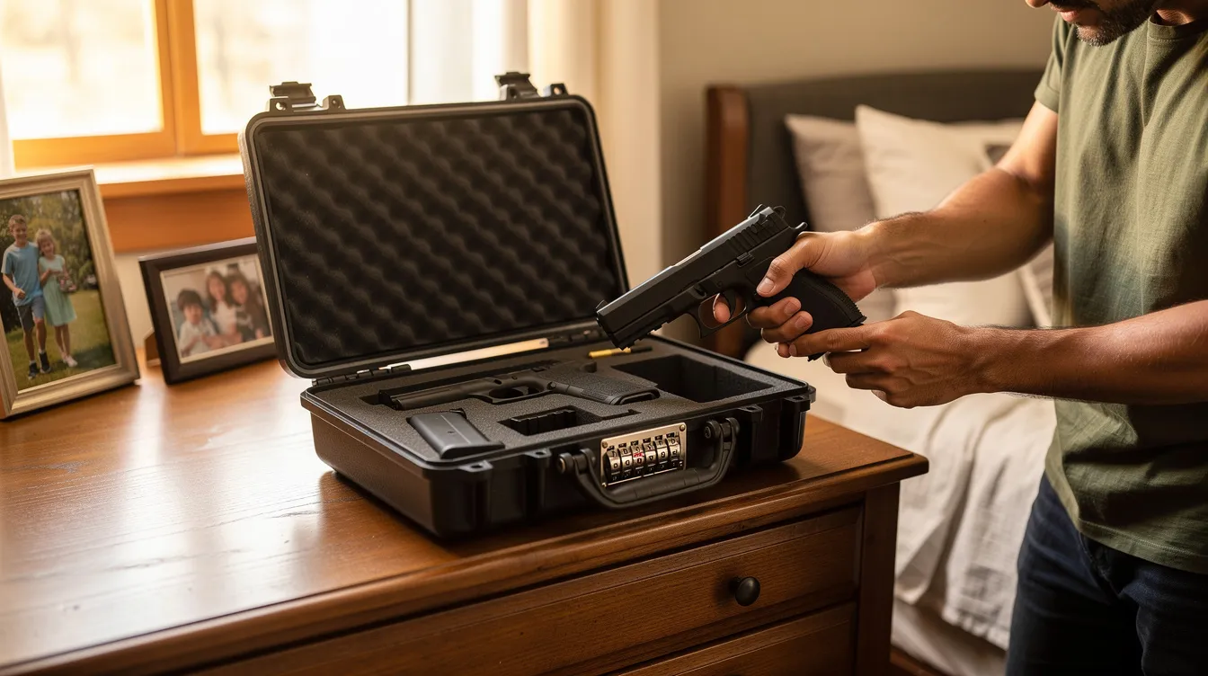 The image depicts a person securely storing a handgun in a locked case within their home, emphasizing the importance of firearm safety and compliance with Iowa law regarding the storage of dangerous weapons. This practice aligns with the regulations for carrying firearms and promotes public safety by ensuring that loaded firearms are kept safely away from unauthorized access.