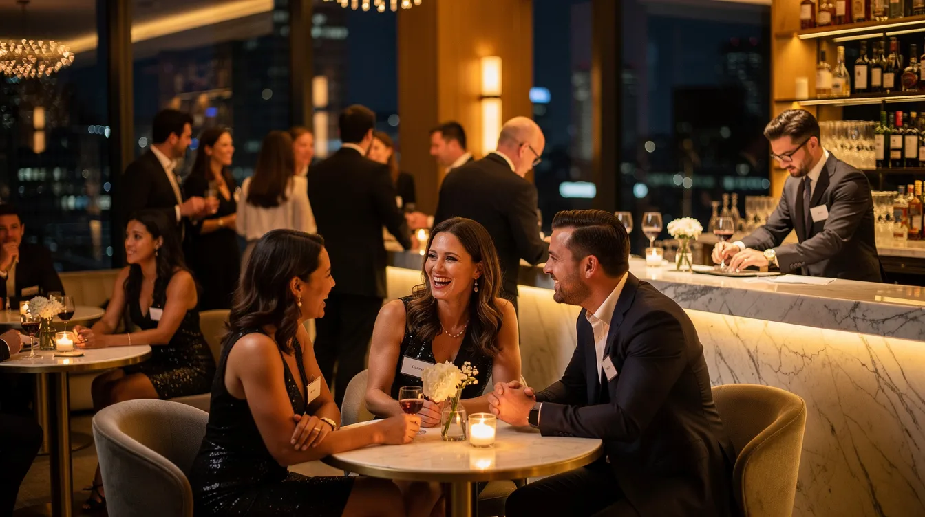 The image depicts a lively singles event taking place at an upscale venue in Chicago, where attendees engage in conversation and connect with like-minded people. Guests are enjoying a relaxed environment as they participate in speed dating activities, aiming to meet potential matches and create new friendships.