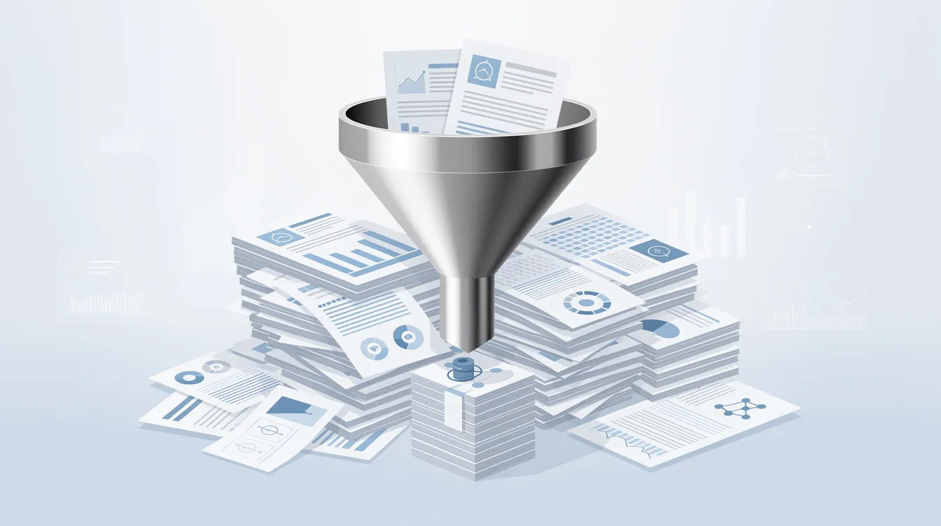 The image depicts a funnel filtering through stacked documents, representing the process of organizing and retrieving relevant information from multiple data sources. This visual metaphor illustrates the concept of retrieval augmented generation, where user queries are refined to generate accurate responses using various external data and knowledge bases.
