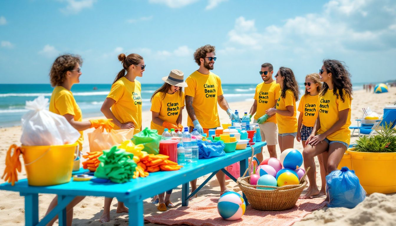 Essential supplies for beach cleanups laid out on the sand.