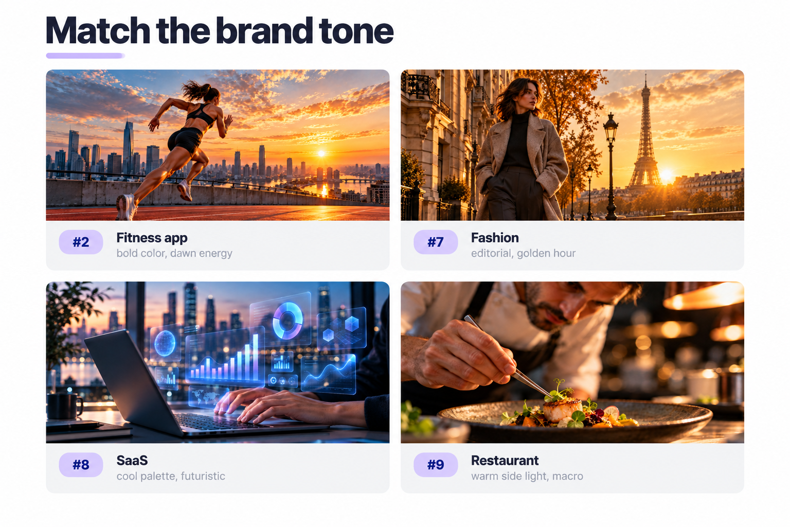 Marketing hero shot: athlete mid-sprint on a rooftop track at dawn