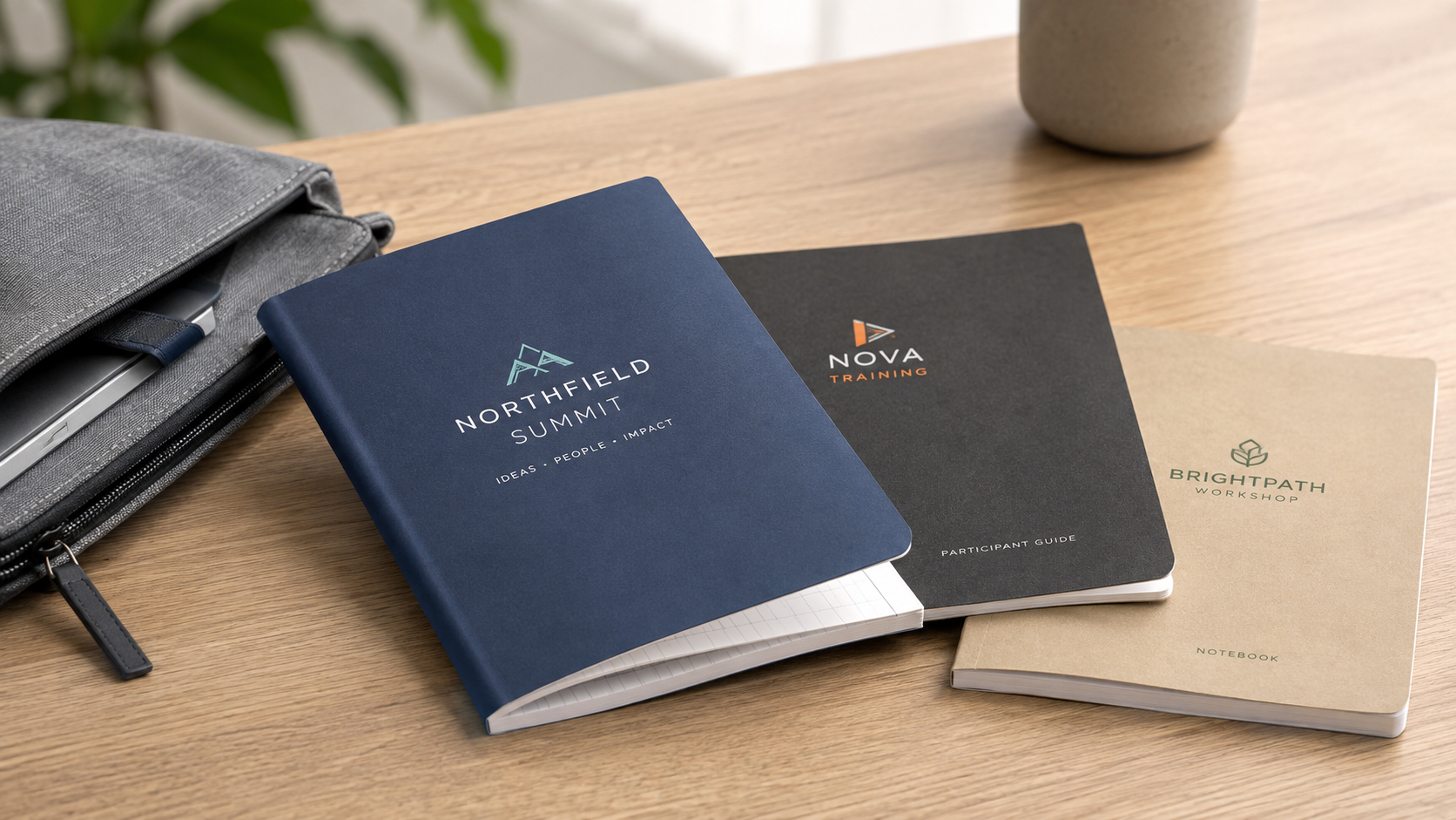 Branded softcover notebooks prepared for a company summit, training program, and workshop
