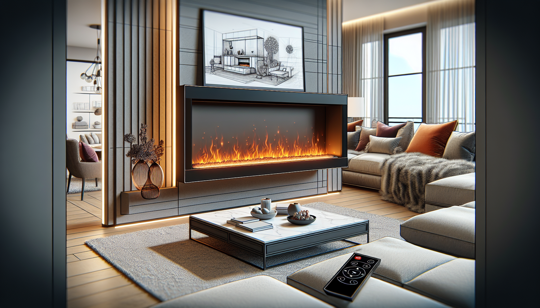 An electric fireplace with a remote control in a stylish setting.