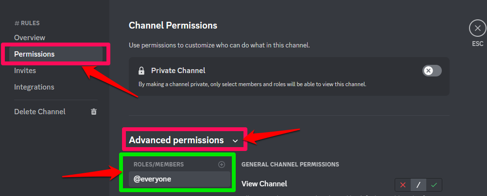 Screenshot showing how a Discord channel's advanced permissions