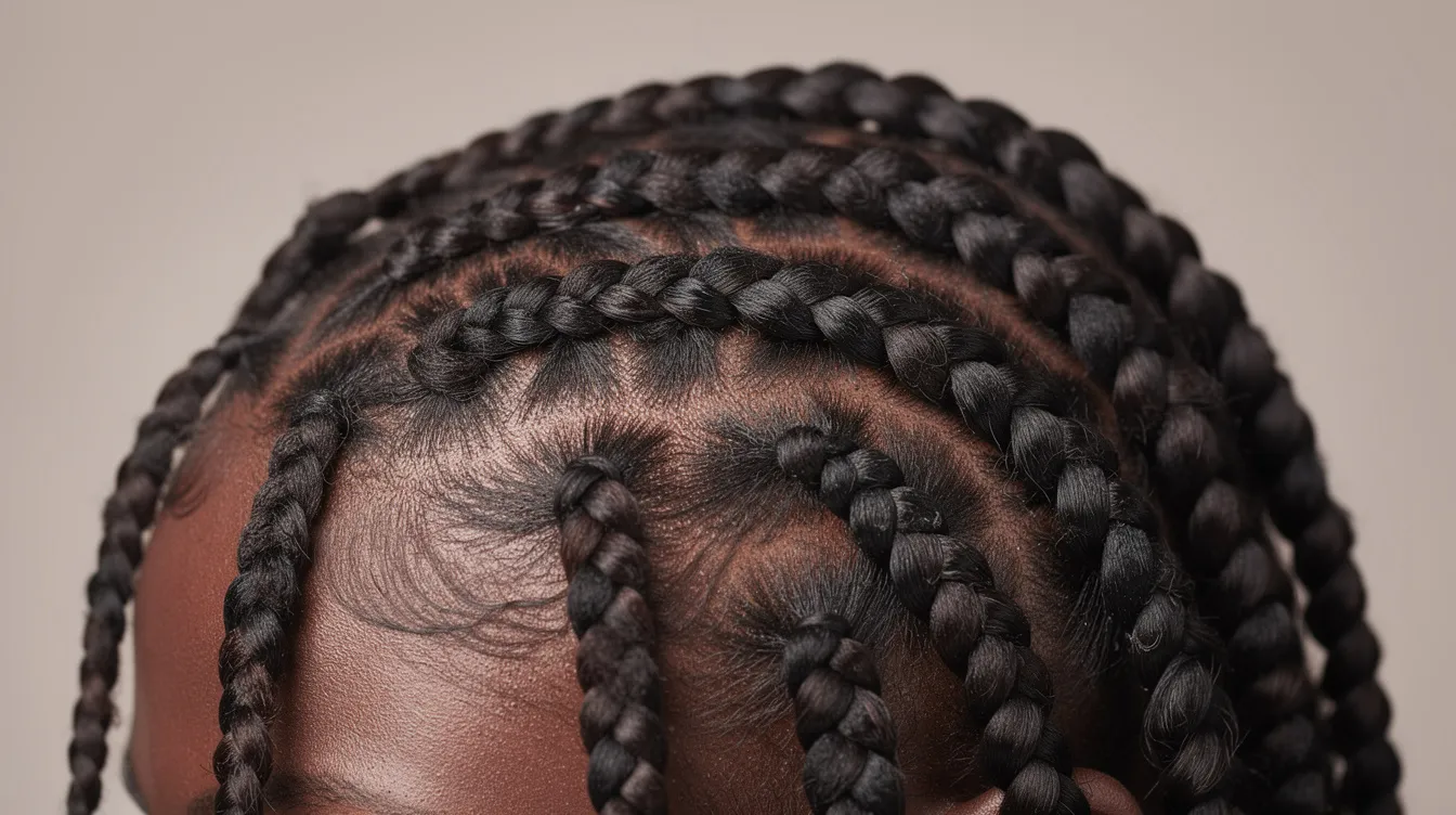 A close-up image showcases neatly styled box braids with a high shine, highlighting the smooth texture of dark, curly hair. The braids appear well-defined and healthy, suggesting the use of quality hair products like braid gel or edge control for a polished look.