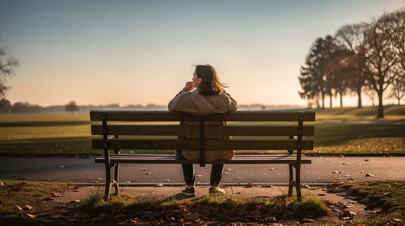 A contemplative person sits alone on a park bench, gazing at the horizon, reflecting on the emotional connection and life-altering decisions involved in the divorce process. This moment of self-reflection highlights the importance of seeking professional help and support during times of serious trouble in relationships.