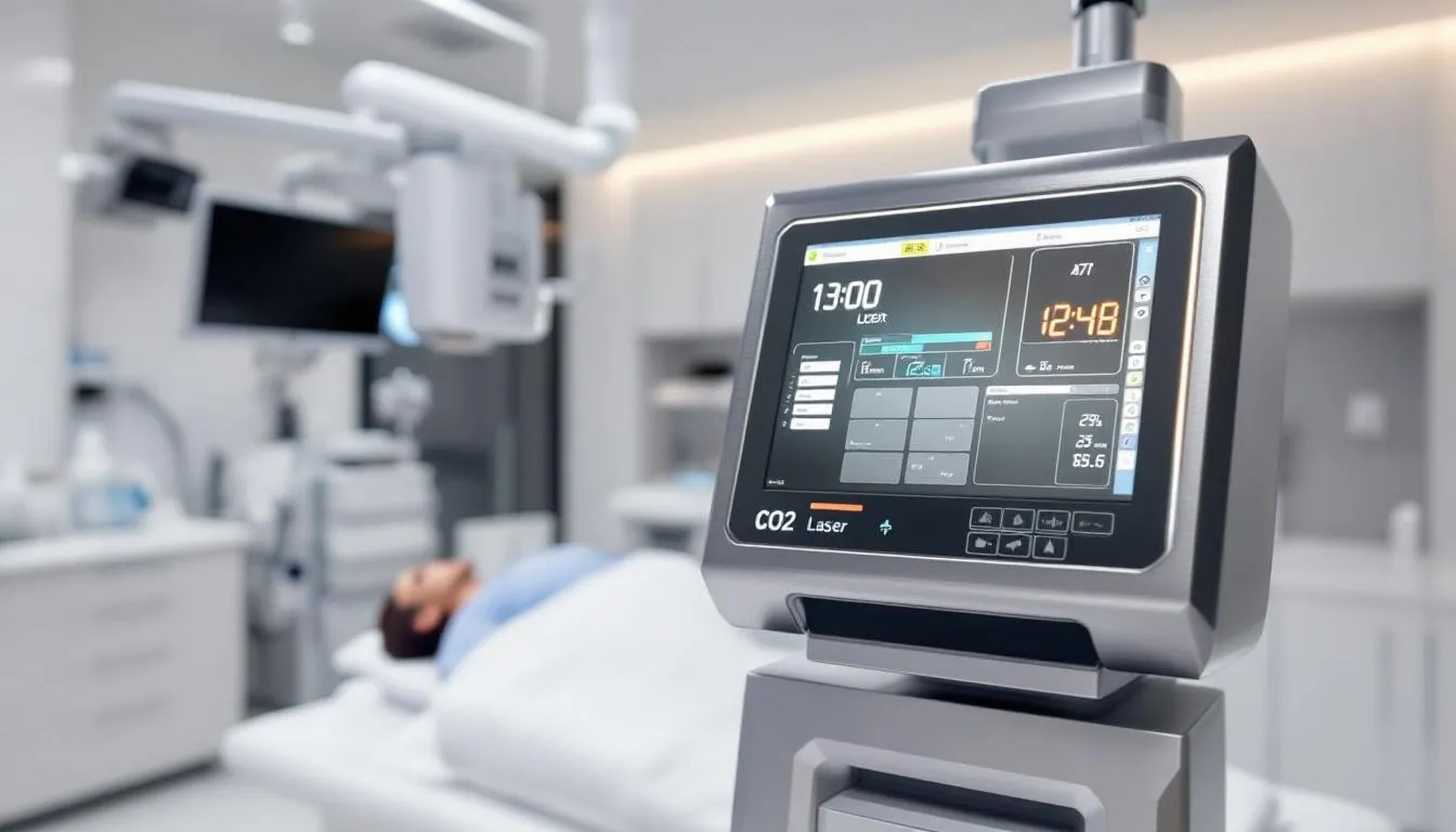 . La imagen muestra un moderno equipo de láser CO2 en una clínica especializada, diseñado para realizar procedimientos como la blefaroplastia, que mejora el contorno de los párpados y elimina el exceso de piel y arrugas. Este dispositivo es esencial para tratamientos de rejuvenecimiento facial, ofreciendo resultados efectivos en la textura de la piel.