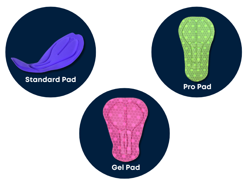 An image showing different types of cycling pads for various levels of cyclists.