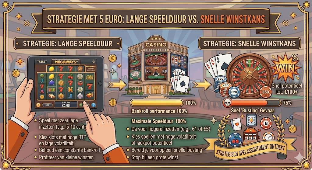 Infographic over strategie bij een 5 euro casino, met tips voor lange speelduur of snelle winstkans bij een 5 euro deposit casino, inclusief spelen met lage inzetten op slots, roulette en andere casinospellen bij online casino’s.