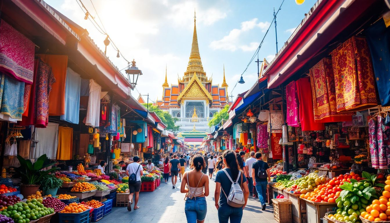 Vibrant stalls at Chatuchak Weekend Market showcasing a variety of products.