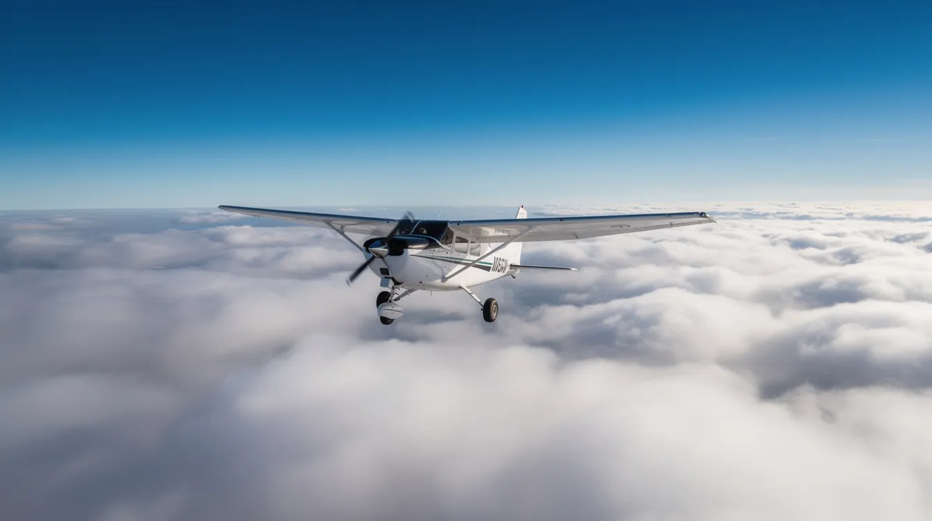 A small aircraft is soaring above a thick layer of clouds, with a clear blue sky visible above, symbolizing the freedom and confidence of IFR flight. This image reflects the critical IFR knowledge and procedures essential for pilots navigating through varying weather conditions.