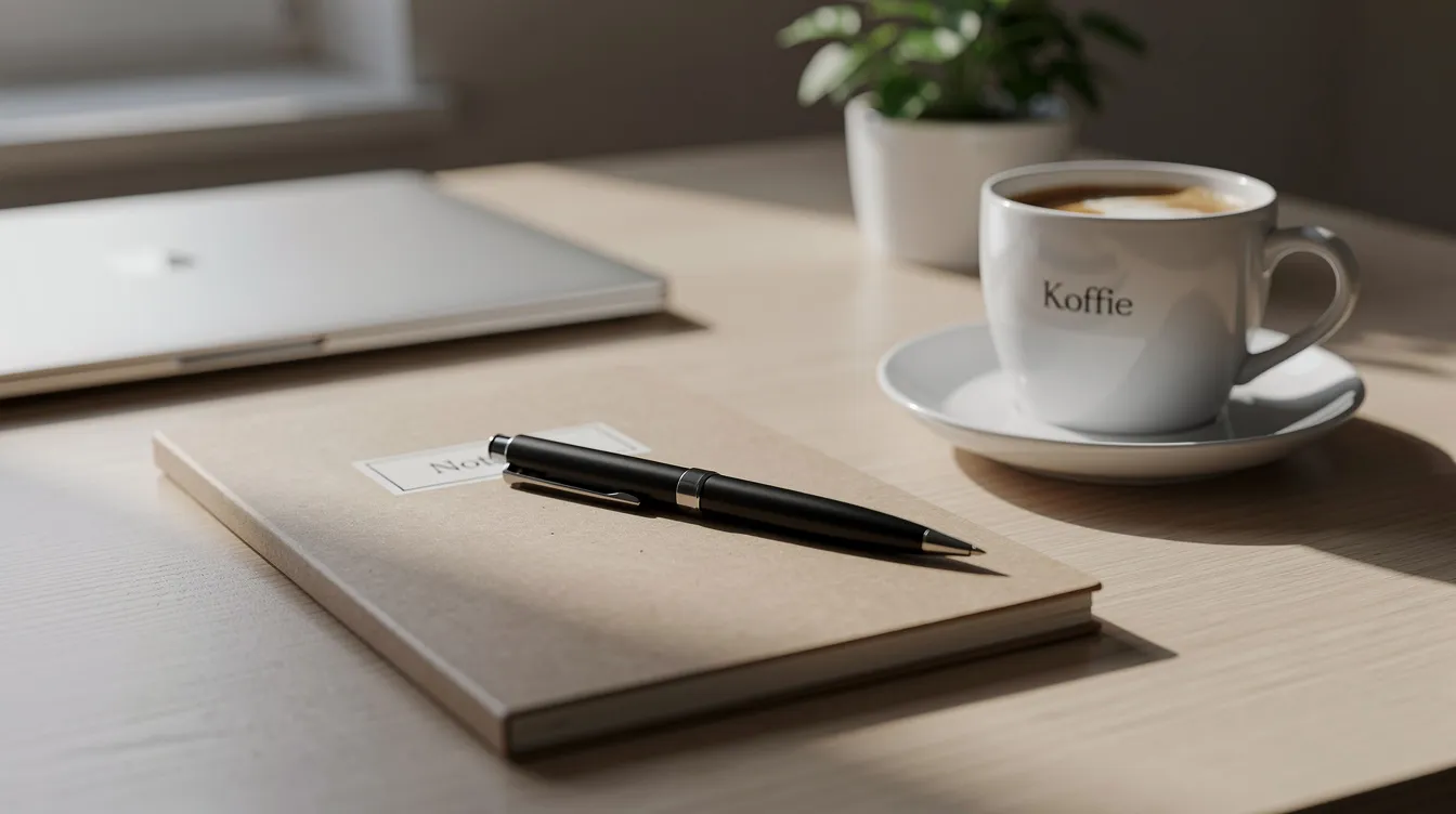 Een notitieboek met een pen ligt op een opgeruimd bureau, naast een kop koffie. Dit beeld roept een gevoel van productiviteit op, ideaal voor het maken van een to-do lijst of het prioriteren van taken met behulp van de Eisenhower matrix.