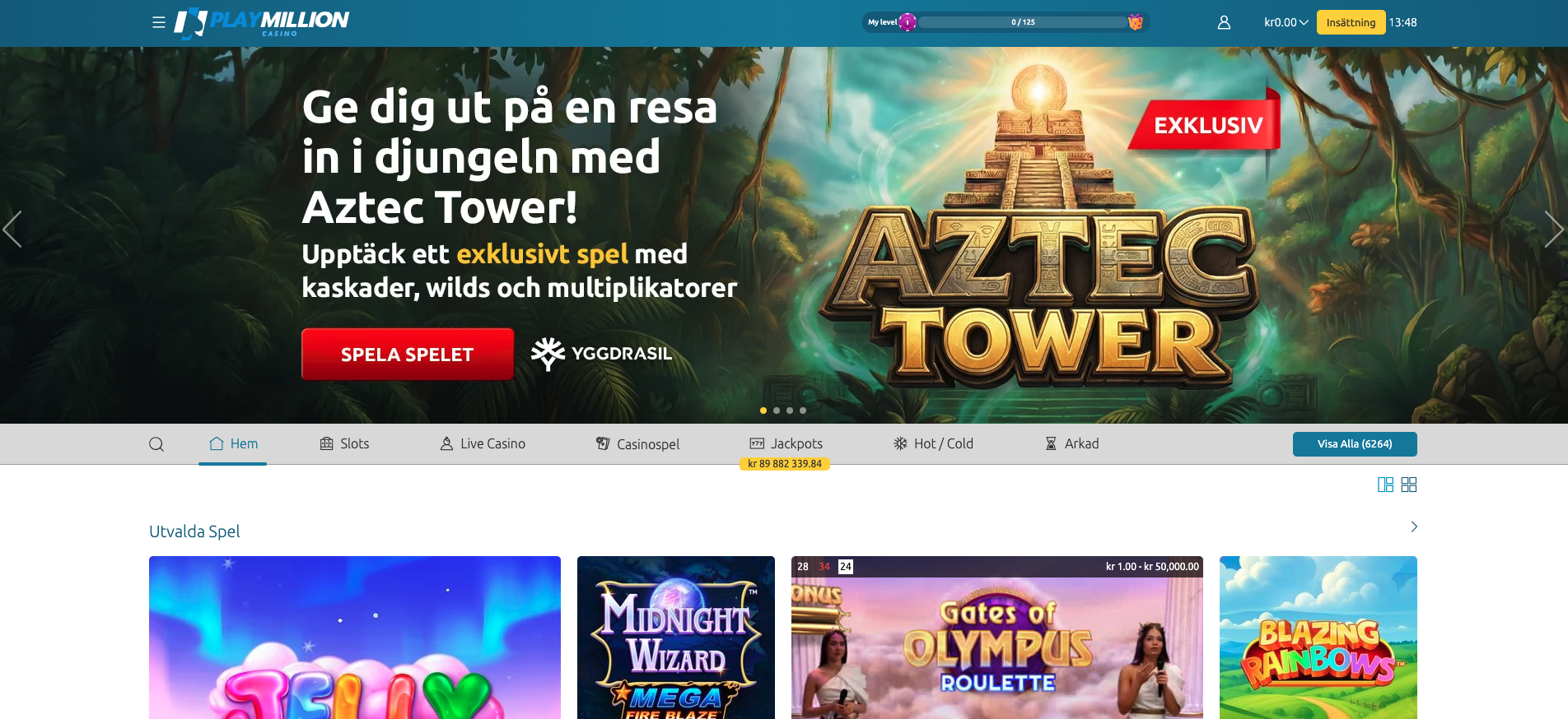 PlayMillion Casino startsida på desktop med Aztec Tower-banner, navigering till slots, live casino och jackpottar samt utvalda spel som Gates of Olympus Roulette och Jelly Express.