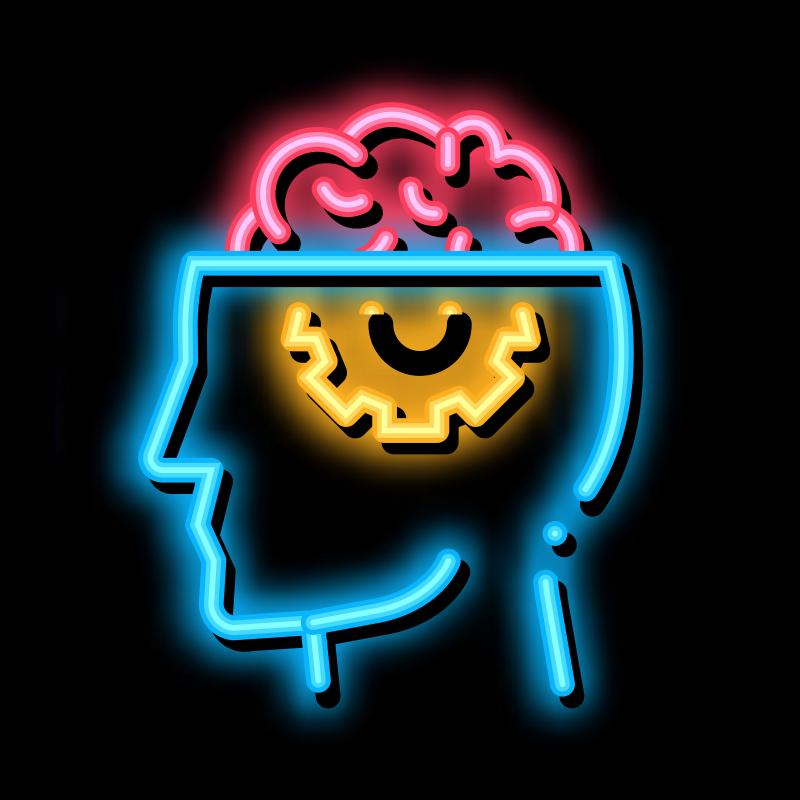 neon outline of head with brain and gears showing 