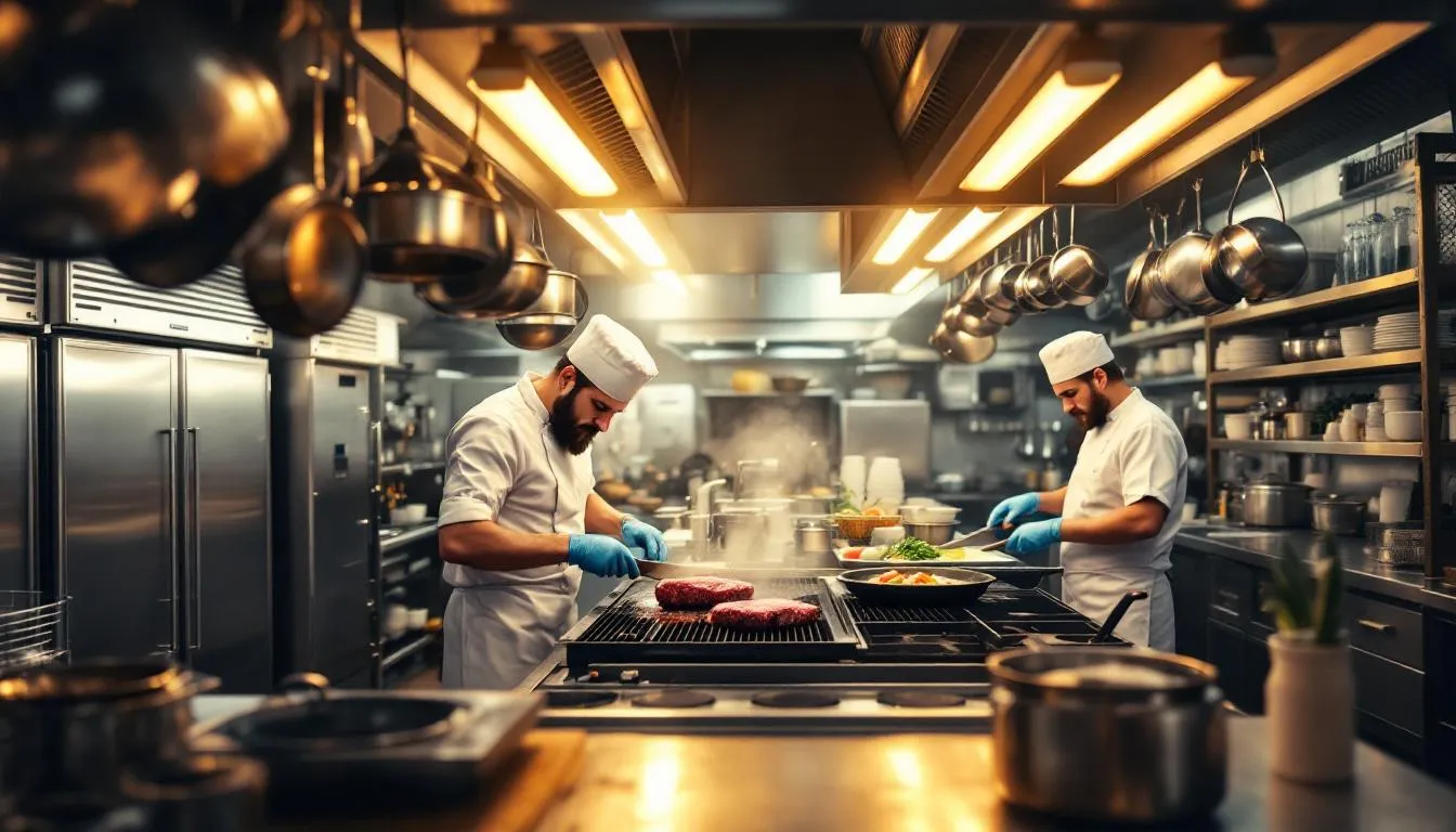 In a realistic restaurant kitchen, the bustling atmosphere showcases the head chef and sous chefs coordinating food preparation, while line cooks efficiently work at their stations, ensuring food safety standards are met. The kitchen is equipped with various kitchen equipment, reflecting the fast-paced environment of back of house operations in the restaurant industry.