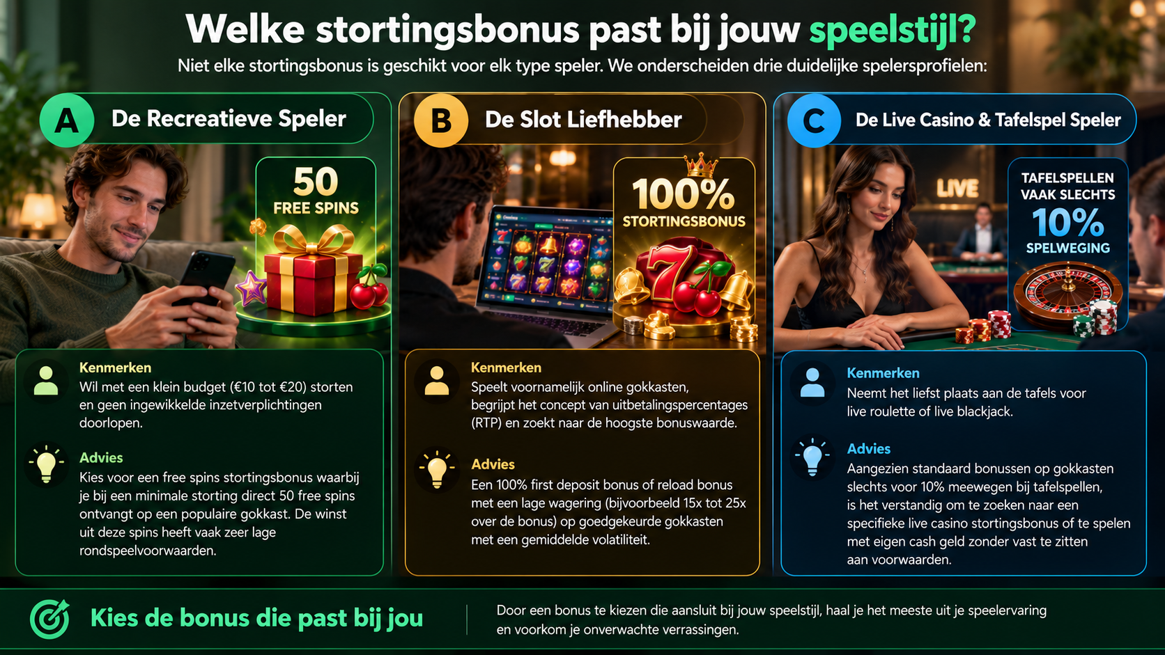 Welke stortingsbonus past bij jouw speelstijl – vergelijking voor recreatieve spelers, slotliefhebbers en live casino-spelers.