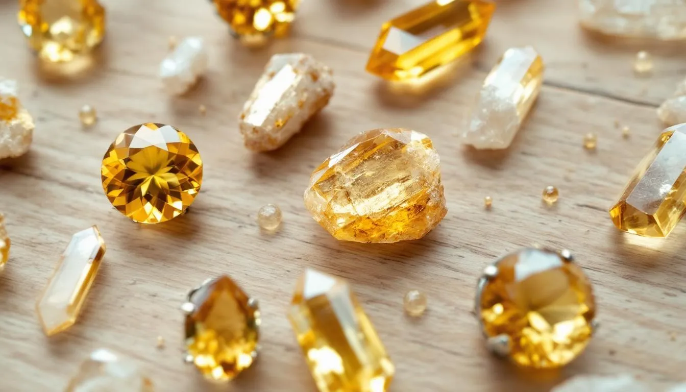 The image showcases a vibrant citrine crystal, known for its healing properties that promote positive energy and prosperity. Surrounding the citrine are various healing stones, including clear quartz and rose quartz, symbolizing emotional balance and spiritual growth.