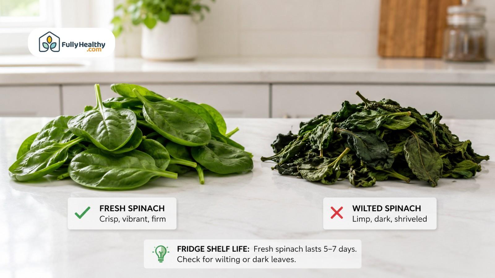 Fresh spinach compared with wilted spinach showing spoilage and freshness signs