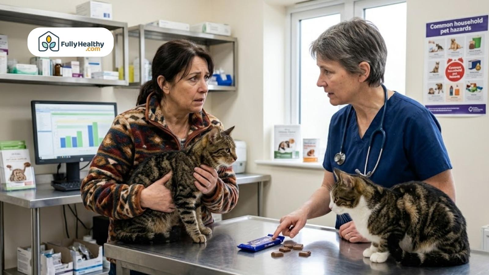 Veterinarian warns owner about chocolate toxicity while examining concerned cat