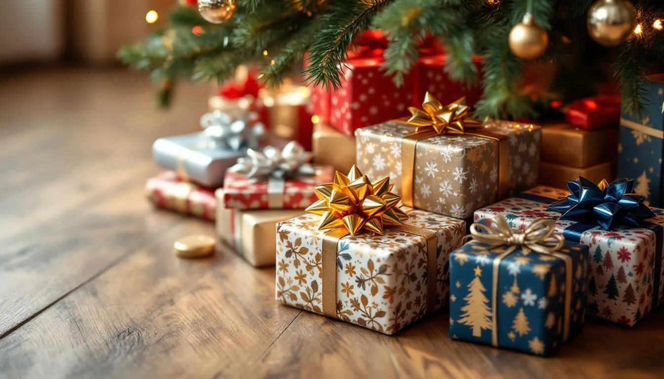 Na obrazku widać pięknie zapakowane prezenty świąteczne umieszczone pod choinką. Każdy z upominków ma elegancką wstążkę i różnorodne ozdoby, co tworzy magiczną atmosferę świąt Bożego Narodzenia.