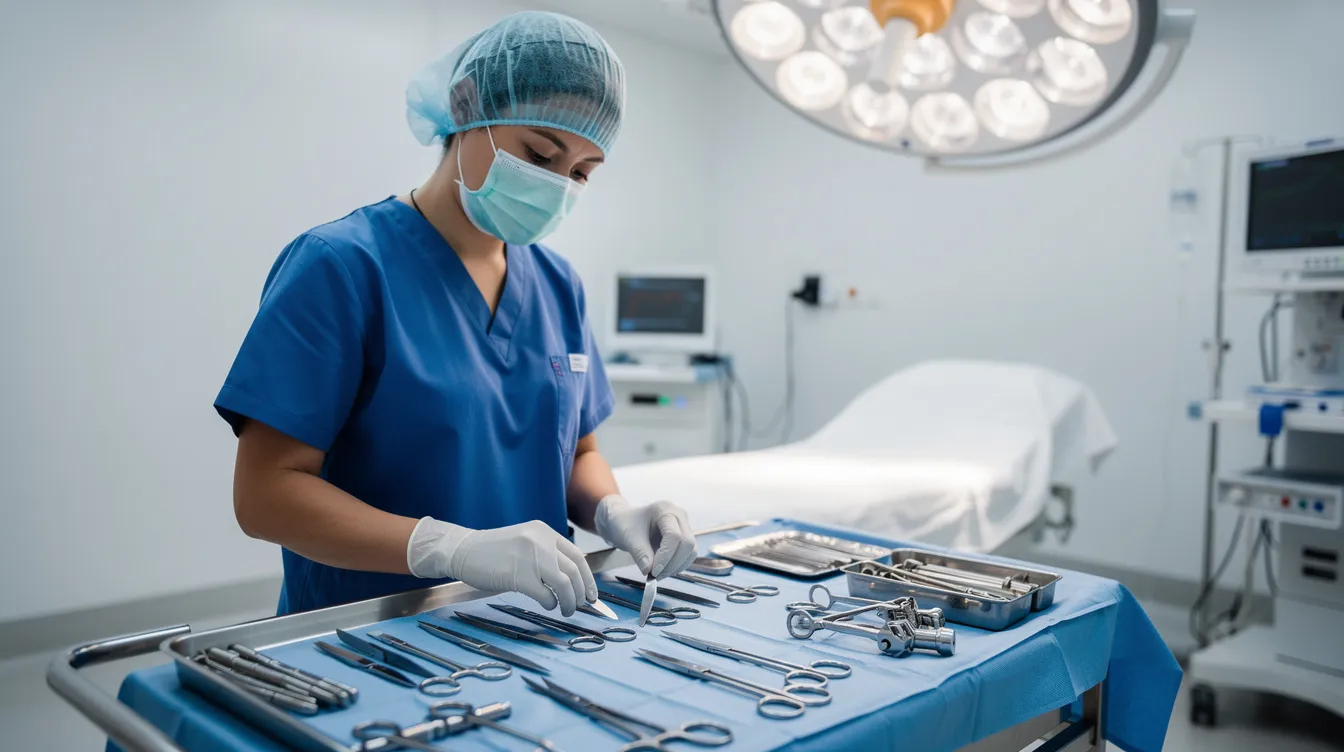 A medical professional is seen preparing surgical instruments in a sterile operating room, ready for a procedure like the Brazilian butt lift (BBL). The clean environment emphasizes the importance of safety and precision in body contouring surgeries, such as fat transfer and harvesting fat.