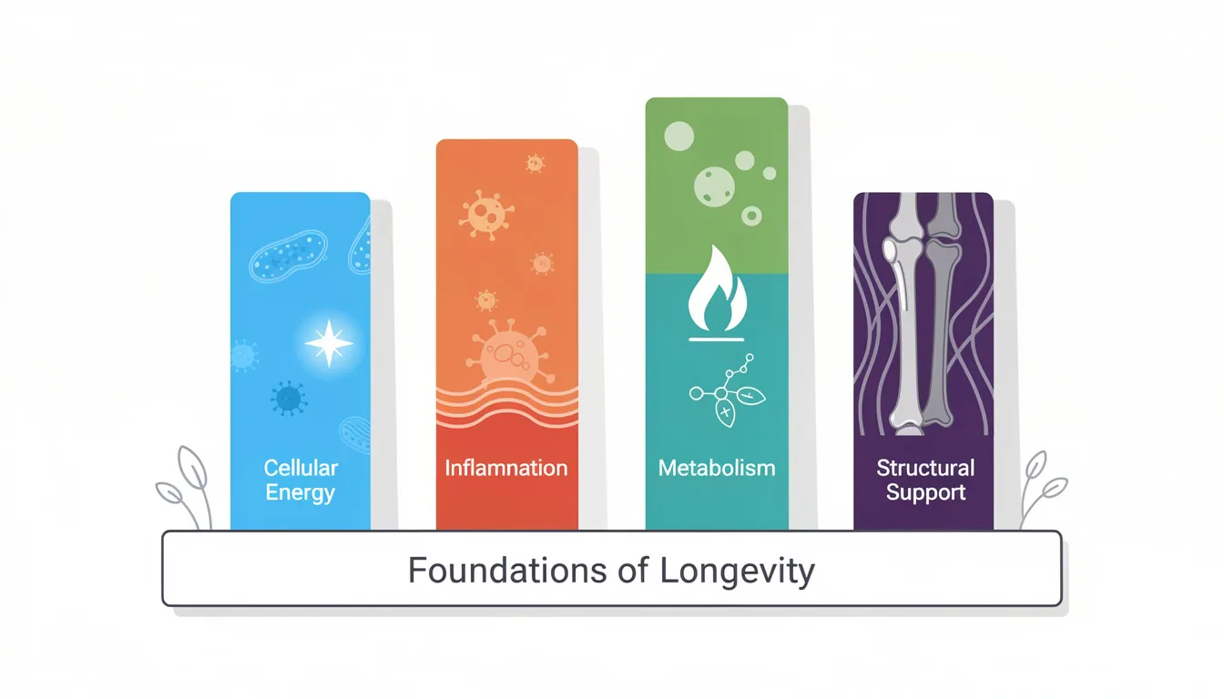 The image features a simple illustration with four pillars labeled cellular energy, inflammation, metabolism, and structural support, emphasizing their role as foundations for longevity and healthy aging. This visual representation highlights the importance of cellular health and energy production in supporting overall health and longevity supplements for a healthier life.