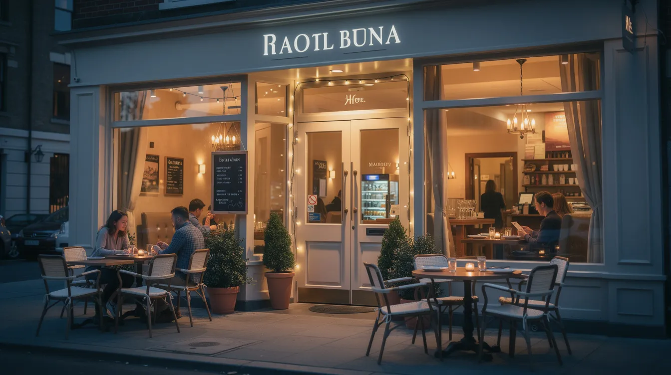 The image depicts a charming restaurant storefront at dusk, featuring inviting outdoor seating and clear signage that enhances its visibility. This welcoming atmosphere aims to attract potential customers and foster a positive brand image, crucial for maintaining a restaurant's online reputation through effective reputation management strategies.