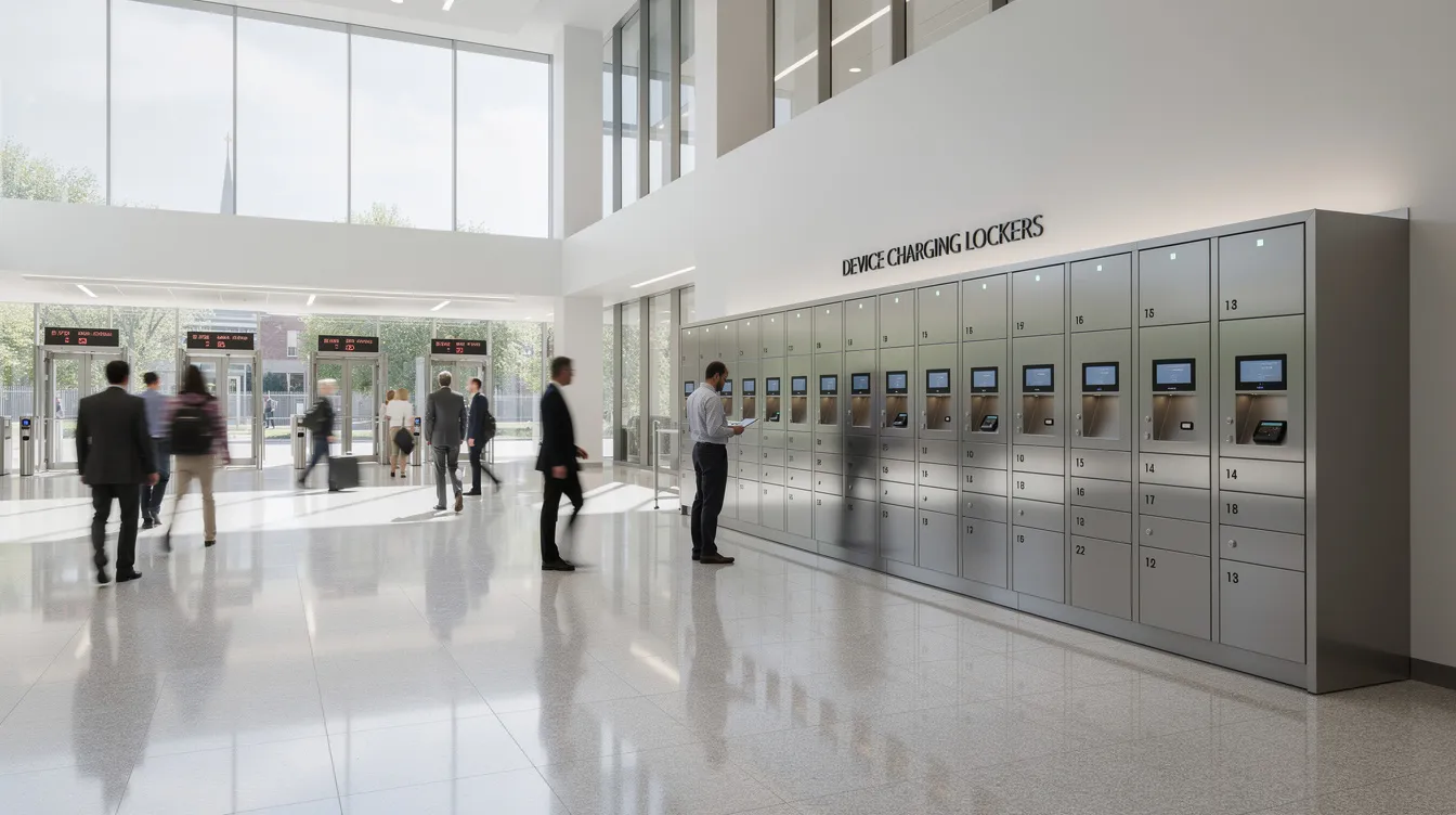 The image depicts a row of smart lockers installed in the lobby of a modern government building, with people walking past, showcasing a secure storage solution that integrates smart locker technology for efficient asset management and mobile app access. The clean design highlights the lockers' built-in charging features and digital locks, emphasizing their role in enhancing operational efficiency within government facilities.