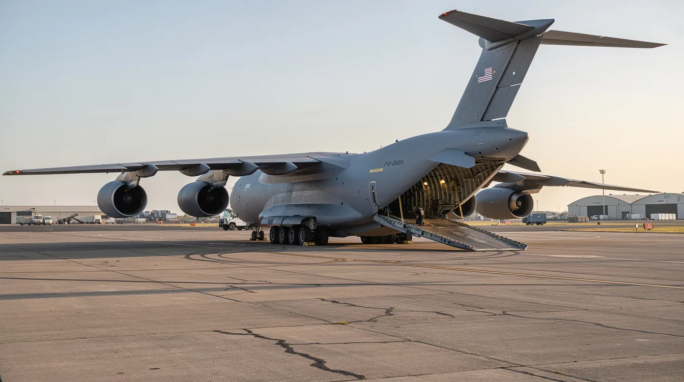 A large C-141 Starlifter military cargo jet is parked on a concrete runway, with its rear cargo ramp lowered, ready for loading. This strategic transport aircraft, known for its ability to carry larger cargo loads, has played a vital role in numerous humanitarian missions and troop transport for the United States Air Force.