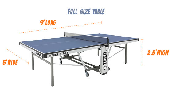 Dimensions of a full-size ping pong table are 9 feet long, 5 feet wide and 2.5 feet high.