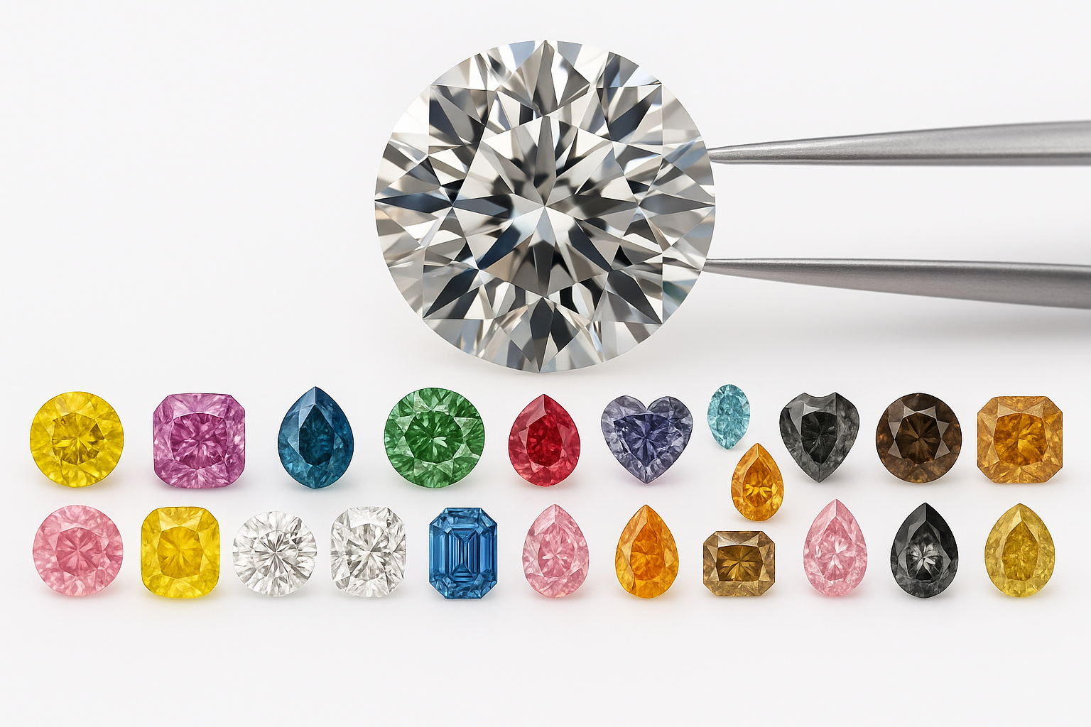 Baltas apvalus briliantas viršuje ir apačioje išdėstyti skirtingų spalvų bei formų deimantų