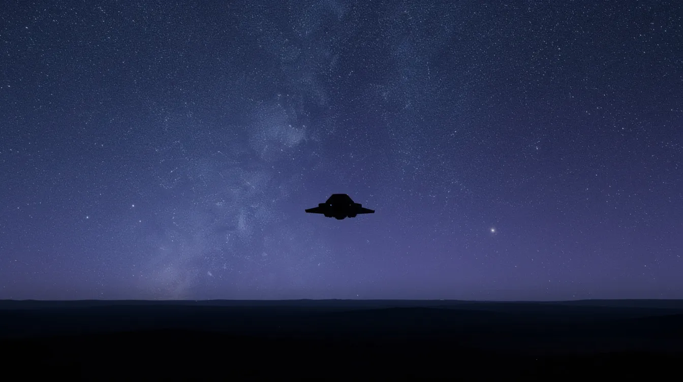 Ein weiter Sternenhimmel in tiefen Blau- und Violetttönen zeigt die Silhouette eines einzelnen Raumschiffs, das in die Ferne fliegt, umgeben von kleinen leuchtenden Sternen. Diese Szene erinnert an die epischen Abenteuer im Star Wars-Universum und vermittelt ein Gefühl von Freiheit und Erkundung.