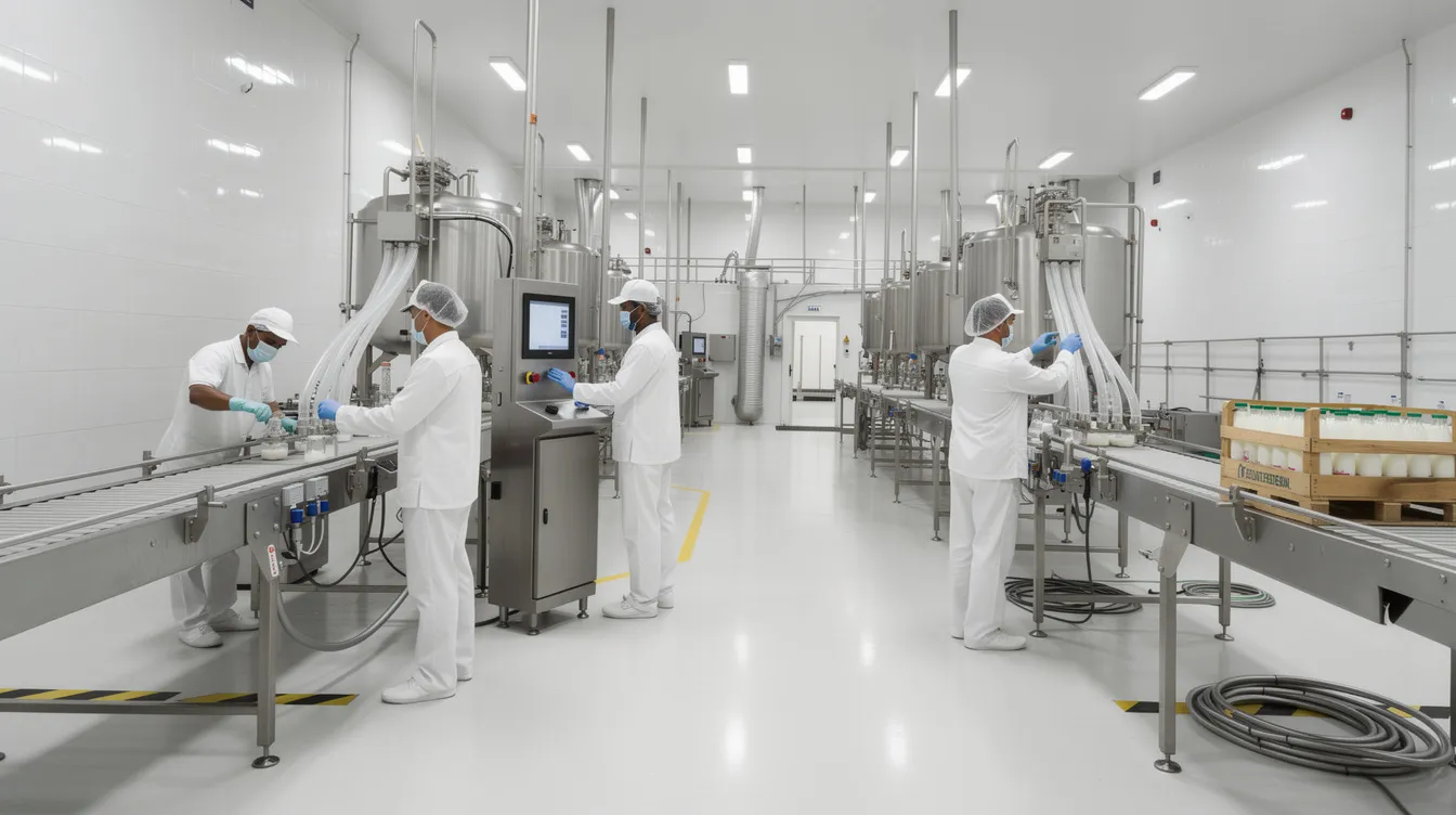 45e672a3 92cd 4602 8d12 763ea8a2f629 The image depicts workers in white uniforms operating advanced machinery inside a clean and organized dairy processing hall, highlighting the efficient processes involved in a UHT milk processing plant. This setting emphasizes quality control and the production of various dairy products, reflecting the industry's high standards and rising demand for milk and flavored milk.