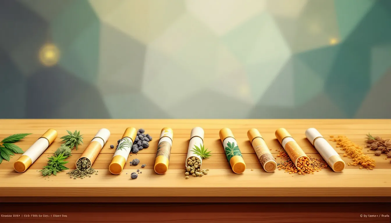 An assortment of infused pre rolls displayed on a wooden table.