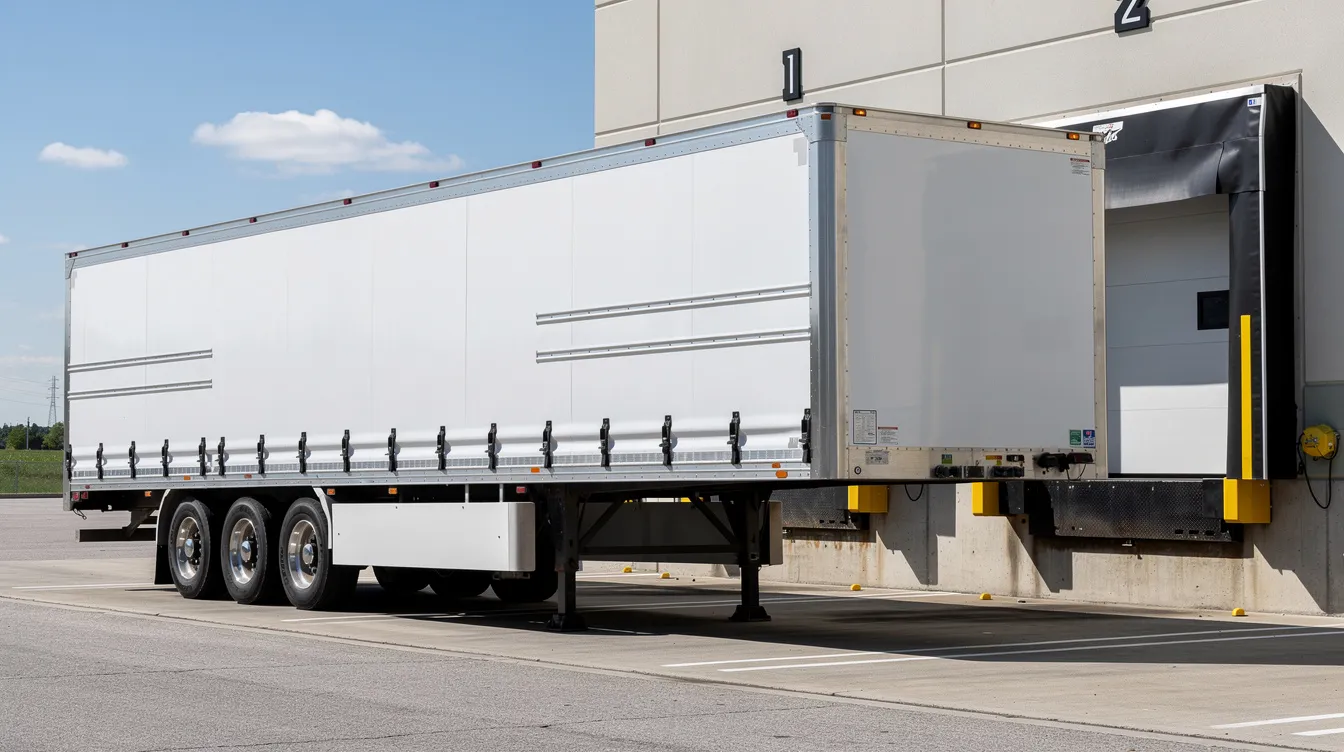 The image shows a side view of an enclosed auto transport trailer parked at a loading dock, highlighting its sturdy design and spacious interior, which is ideal for reliable car shipping services. This type of trailer is often used by auto transport companies to ensure safe and secure vehicle transportation.