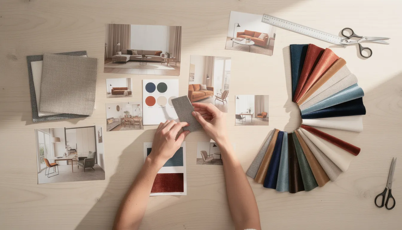 The image shows hands carefully arranging clippings from design magazines alongside various fabric samples on a table, highlighting the graphic design and interior design process. This thoughtful layout emphasizes the importance of clear communication and design intent to help clients avoid costly mistakes and achieve the best value for their project.