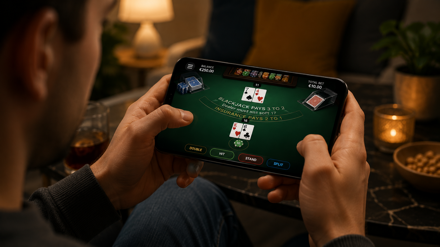 Person som spelar blackjack på mobiltelefon med fokus på online blackjack, strategi och snabba beslut i mobilt casino.