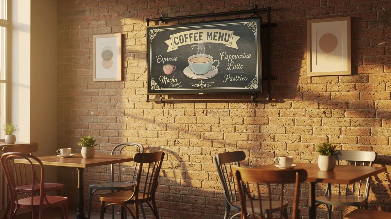 The image depicts a cozy café interior featuring exposed brick walls and a mounted television displaying a vintage-style menu board, exemplifying the use of digital signage to capture customers' attention. This inviting environment combines elements of technology and design, creating a warm atmosphere for patrons to enjoy their coffee and meals.