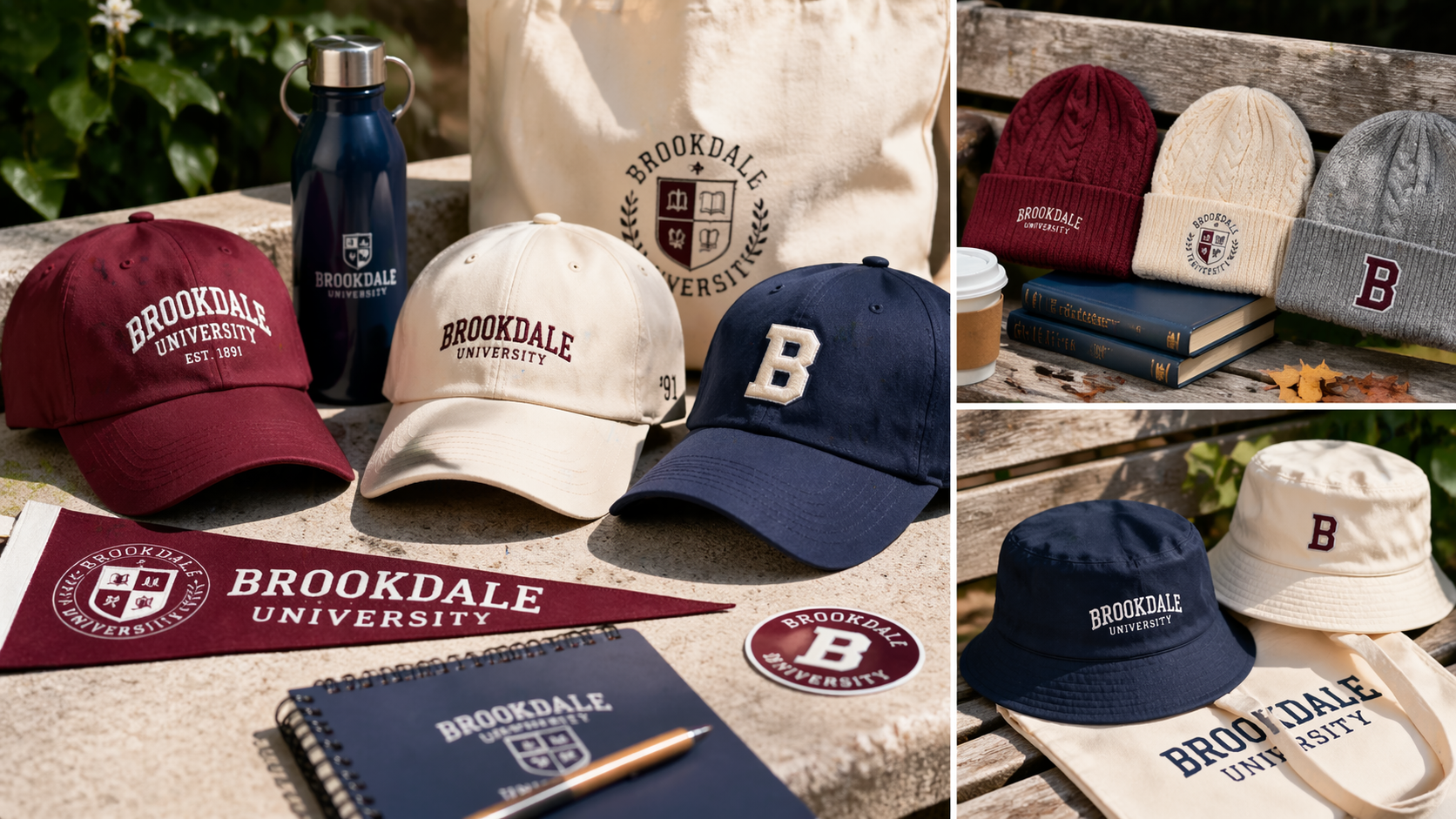 Custom logo University souvenirs caps, beanies, and a bucket hat with clean embroidery, displayed as practical and wearable swag items for campus events, orientation, and school spirit campaigns.