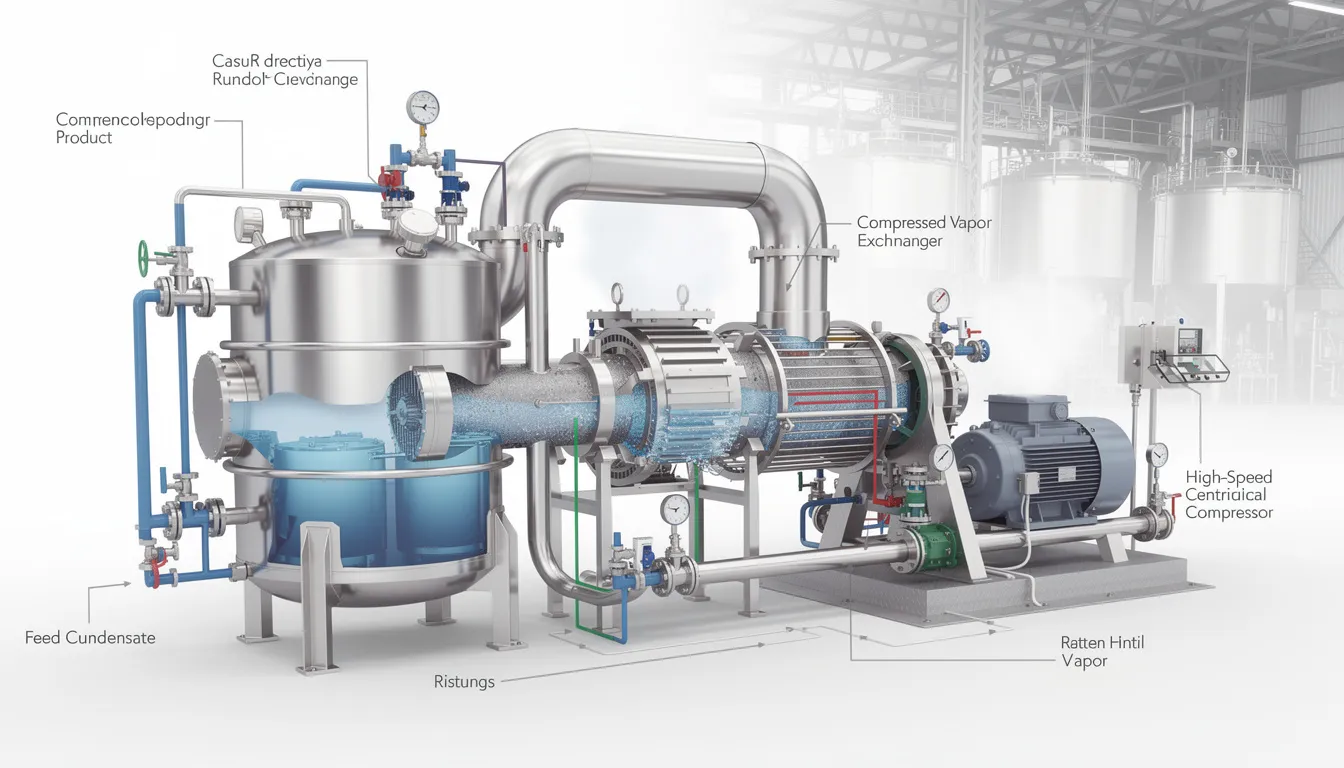 The image depicts a mechanical vapor recompression system used in chemical process industries, showcasing various equipment involved in the distillation process. This system enhances separation efficiency and energy recovery by utilizing waste heat and features compact packed beds in a rotating configuration, highlighting advancements in chemical engineering technology.