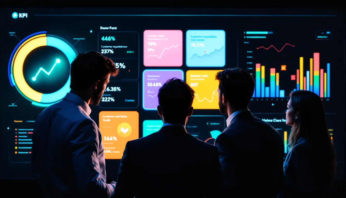 A team analyzing performance metrics on a digital dashboard.