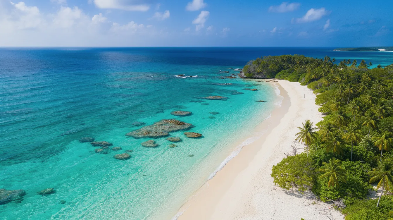 Vista aérea de uma baía caribenha com águas azul turquesa e vegetação costeira exuberante, destacando as praias de areia branca e o cenário paradisíaco da ilha de Curaçao, um destino ideal para férias e experiências inesquecíveis.