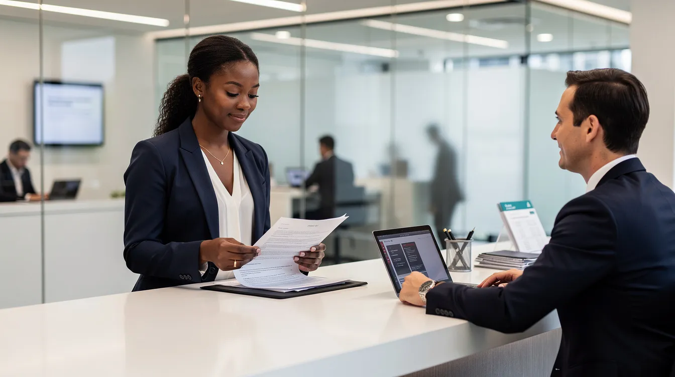 A professional African woman is seated at a bank counter, carefully reviewing documents while a banker assists her from across the desk. The setting reflects a focus on corporate banking services, showcasing the commitment of commercial banks in Sierra Leone to meet their customers' financial needs.