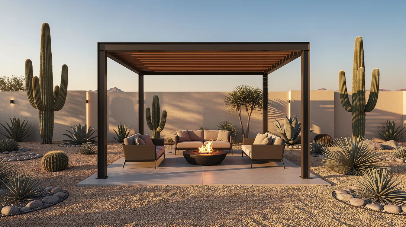 A modern desert backyard features a stylish pergola casting geometric shadows over a cozy seating area with a fire pit and a variety of native plants, showcasing smart landscape design that harmonizes with the outdoor space. This landscape design plan reflects a balance of aesthetics and functionality, creating a serene retreat for relaxation.