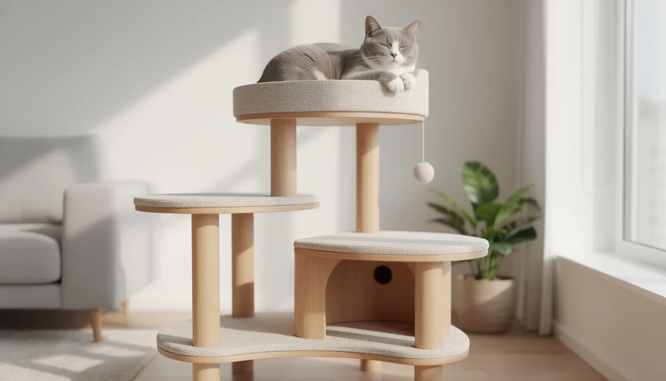 A stylish modern cat tree features a relaxed domestic cat resting on the top platform, basking in sunlight near a window. The content feline friend enjoys the comfort of its perch, embodying the happiness and tranquility that comes with being a purring cat.